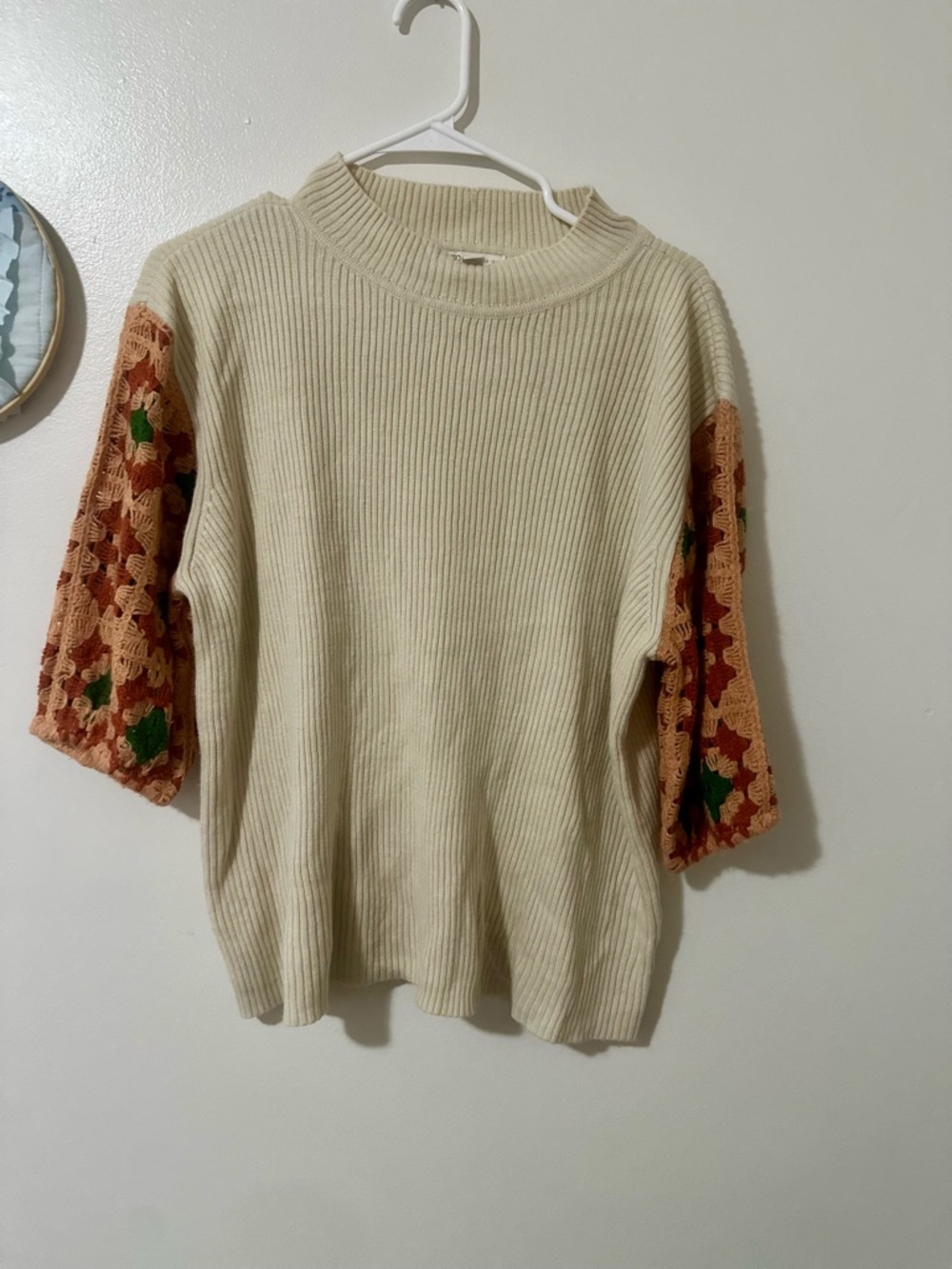 Cato Cream Knit Top with Rust Crochet Sleeves